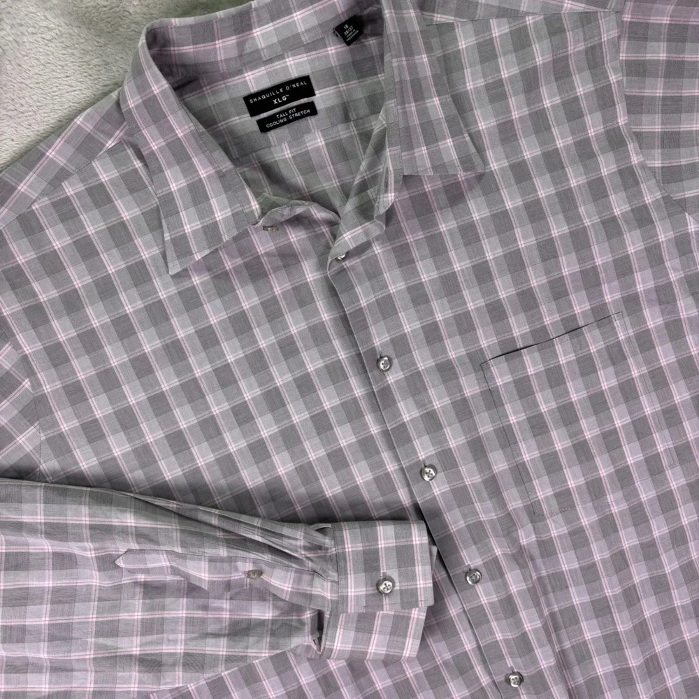 Shaquille‎ O'Neal Men's Button Down Shirt XLG Tall Fit Gray Plaid Long Sleeve